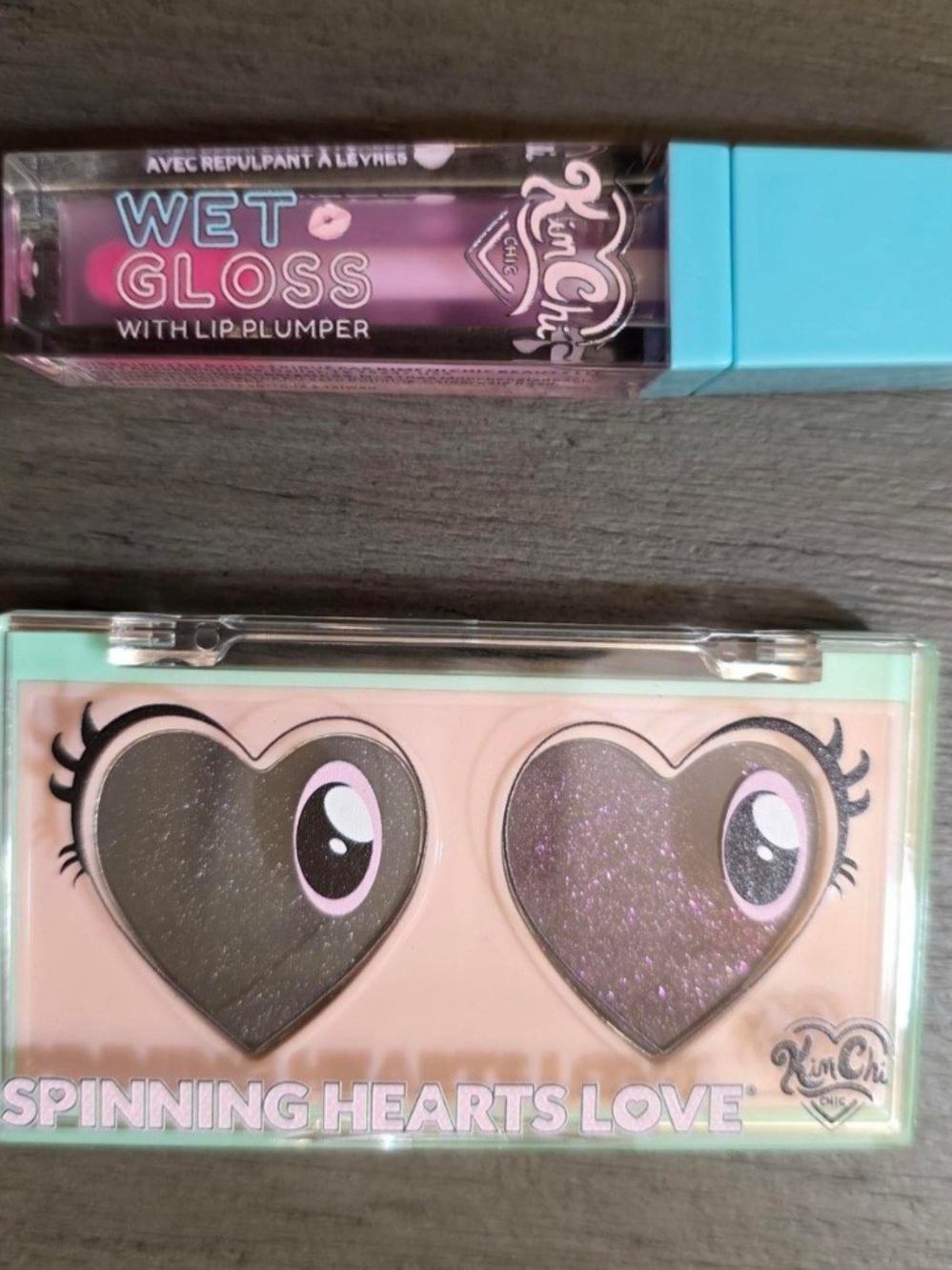 Kimchi Chic Beauty Wet Gloss & Spinning Hearts Love Palette in Purple and Aqua